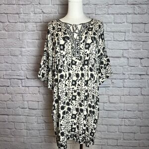 Max Studio London Women's L Black Ivory Floral Puff Sleeve Shift Dress Bohocore